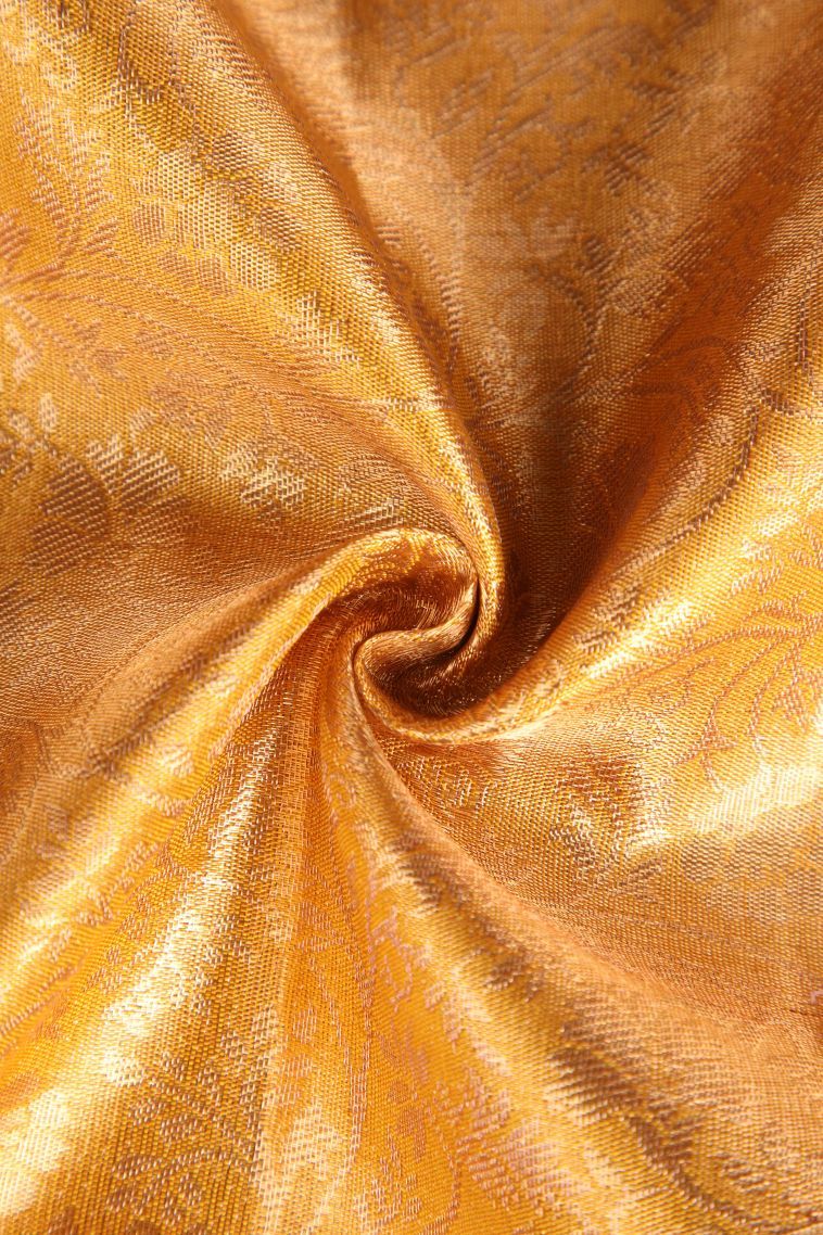 Sepia Yellow Kanchipuram Silk Sarees with Gold Zari Floral Patterns view 4