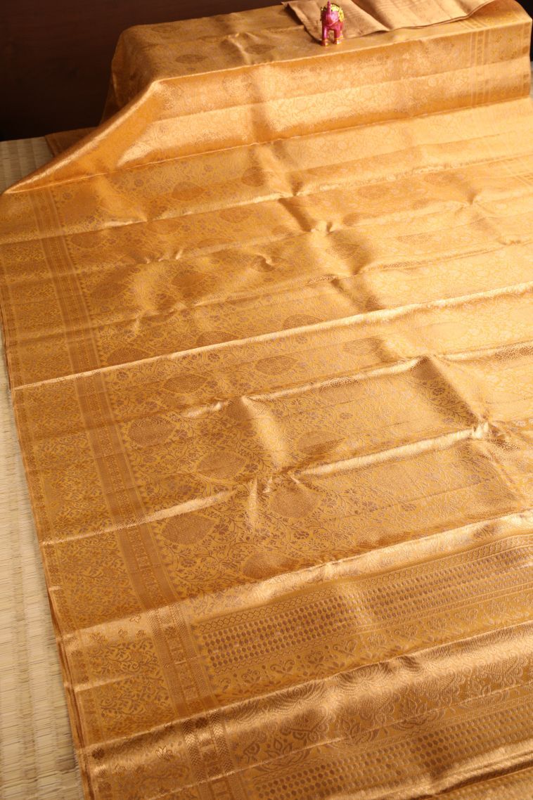 Sepia Yellow Kanchipuram Silk Sarees with Gold Zari Floral Patterns view 2