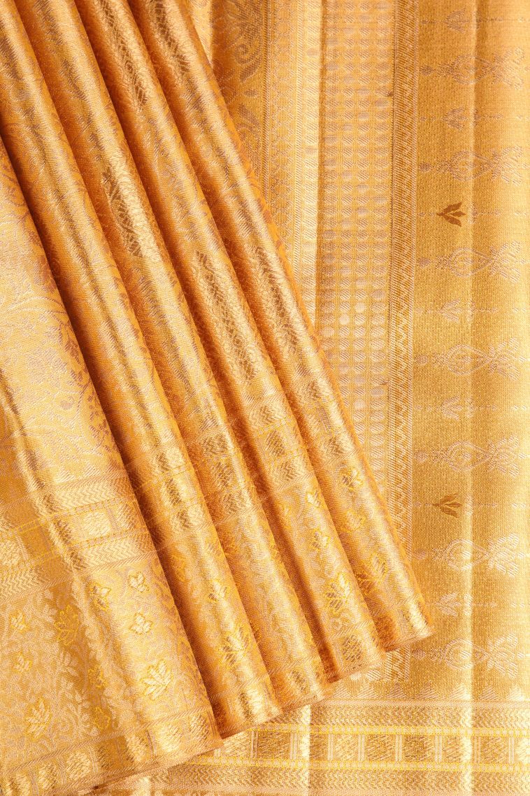 Sepia Yellow Kanchipuram Silk Sarees with Gold Zari Floral Patterns view 1