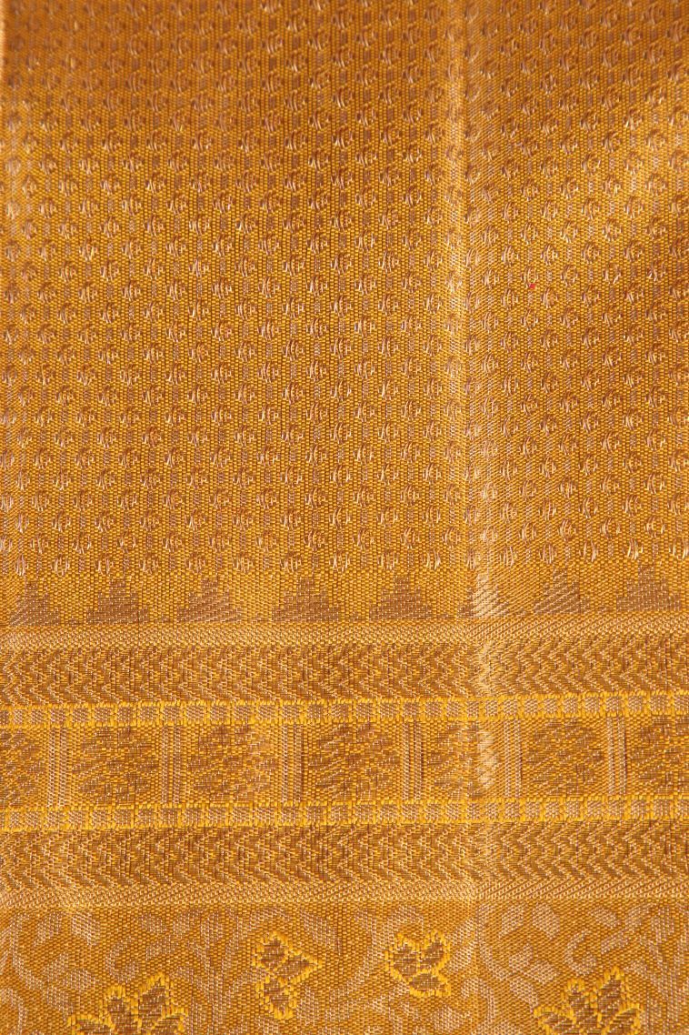 Sepia Yellow Kanchipuram Silk Sarees with Gold Zari Floral Patterns view 3