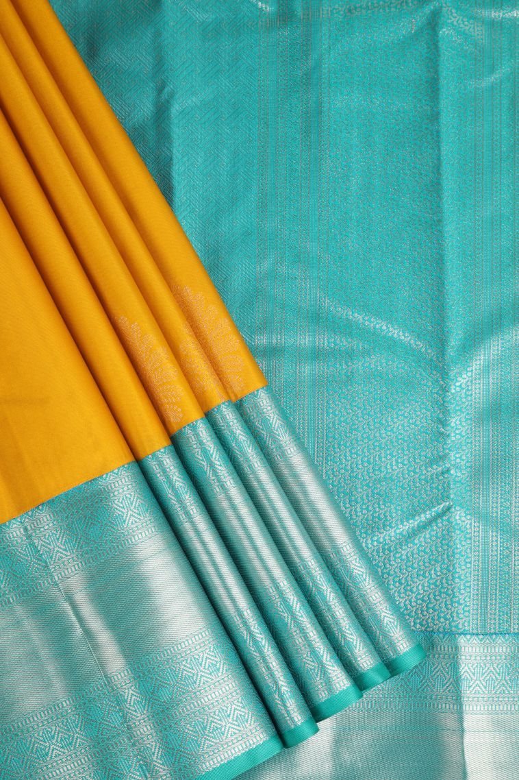 Merigold Orange Apoorva Silk Sarees with Copper Zari Floral Puttas view 1