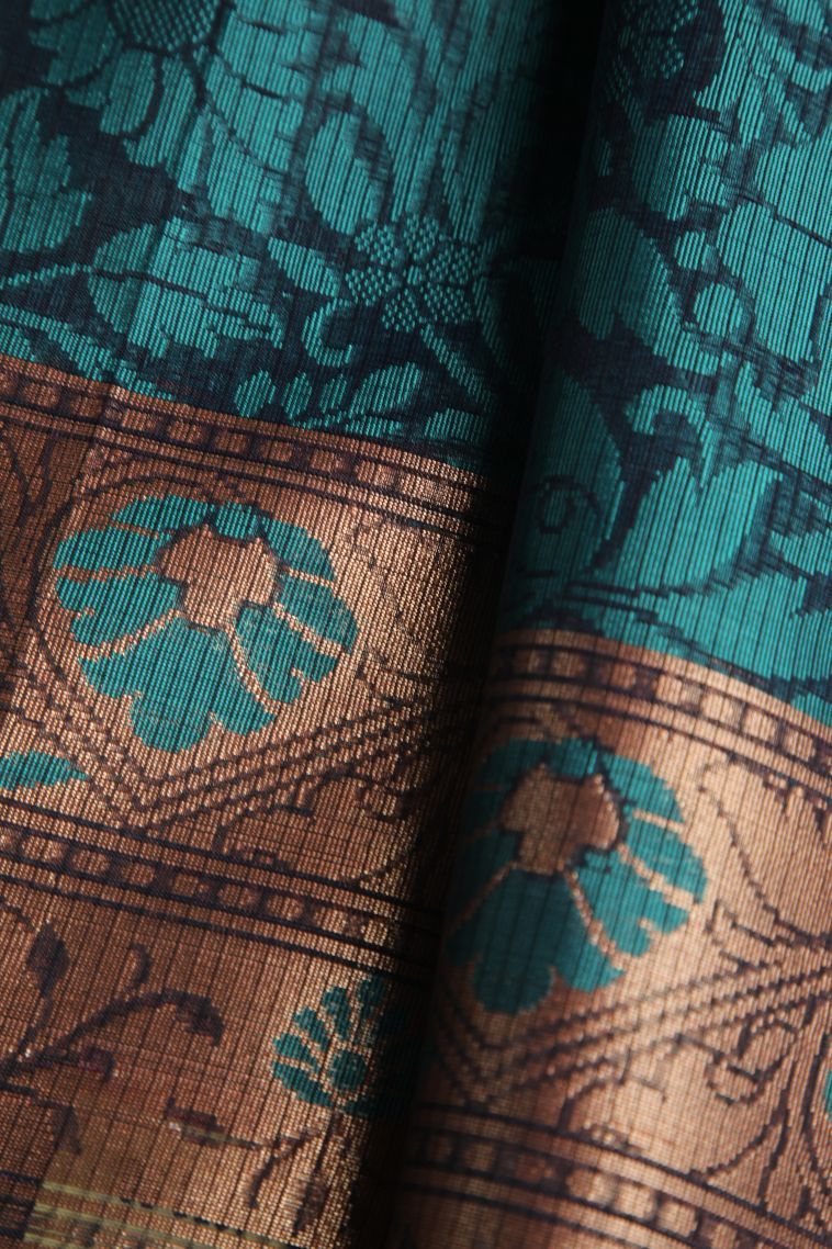 Navy Blue Organza Saree with Gold Zari Floral Patterns view 4