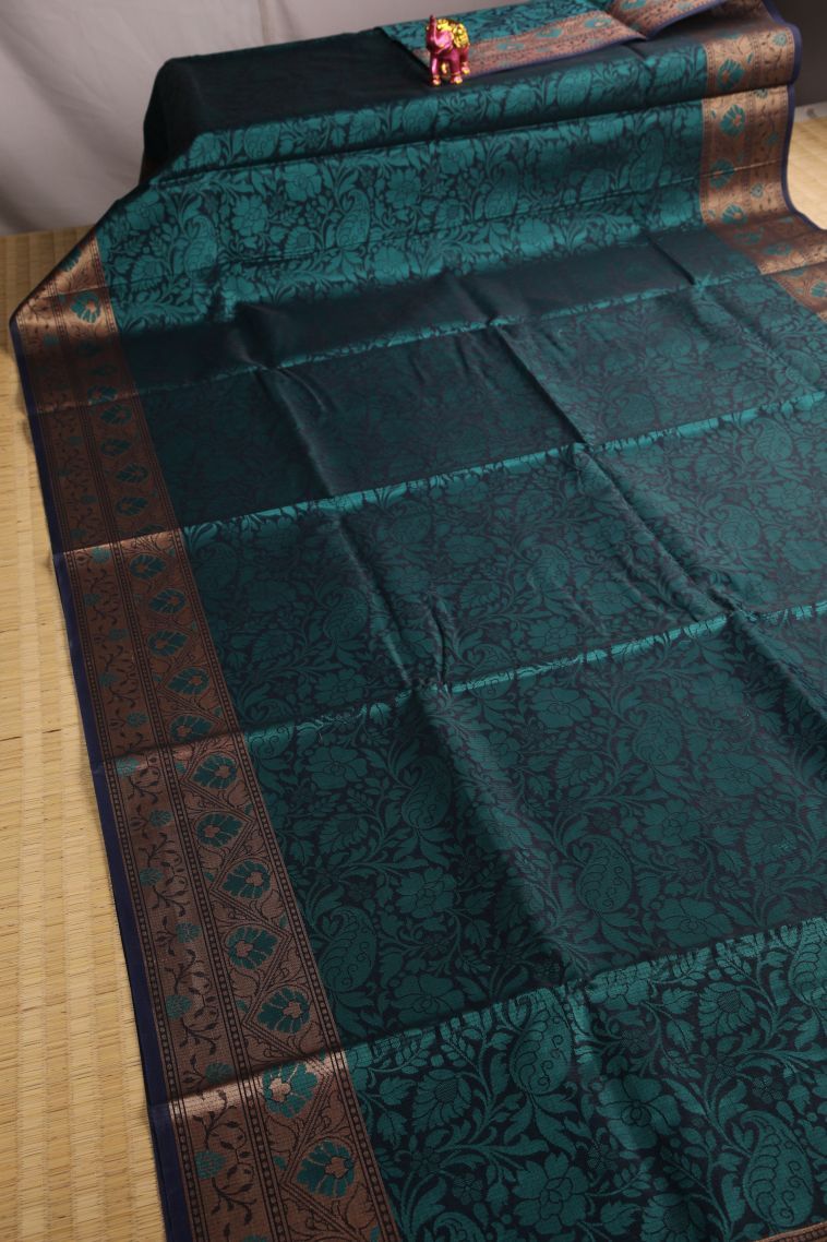 Navy Blue Organza Saree with Gold Zari Floral Patterns view 2