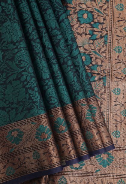 Navy Blue Organza Saree with Gold Zari Floral Patterns