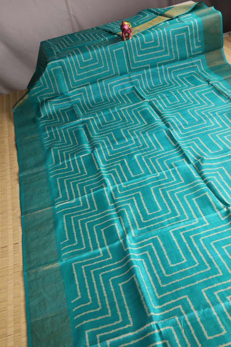 Sapphire Blue Tussar Saree with Gold Zari Geometric Shapes view 2