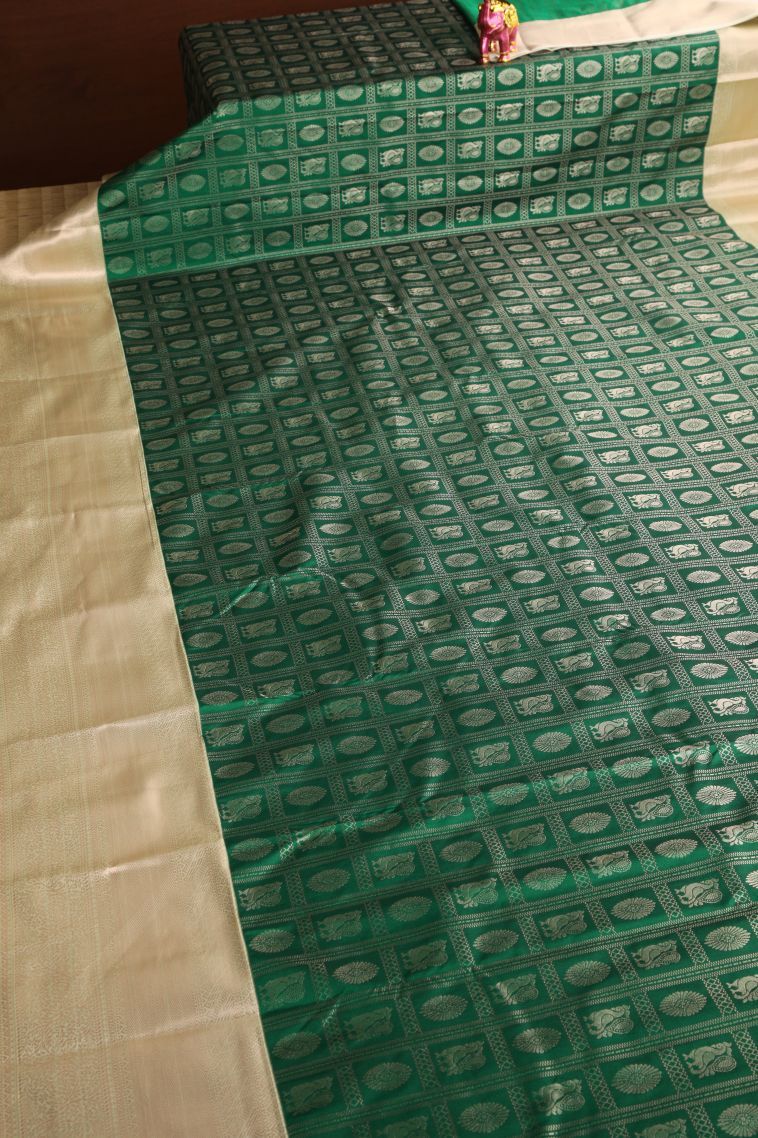 Bottle Green Apoorva Silk Sarees with Gold Zari Checks And Puttas view 2