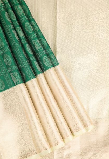 Bottle Green Apoorva Silk Sarees with Gold Zari Checks And Puttas