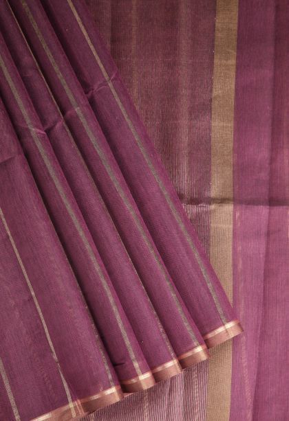 Bosenberry Purple Semi Tussar Silk with Gold Zari Stripes