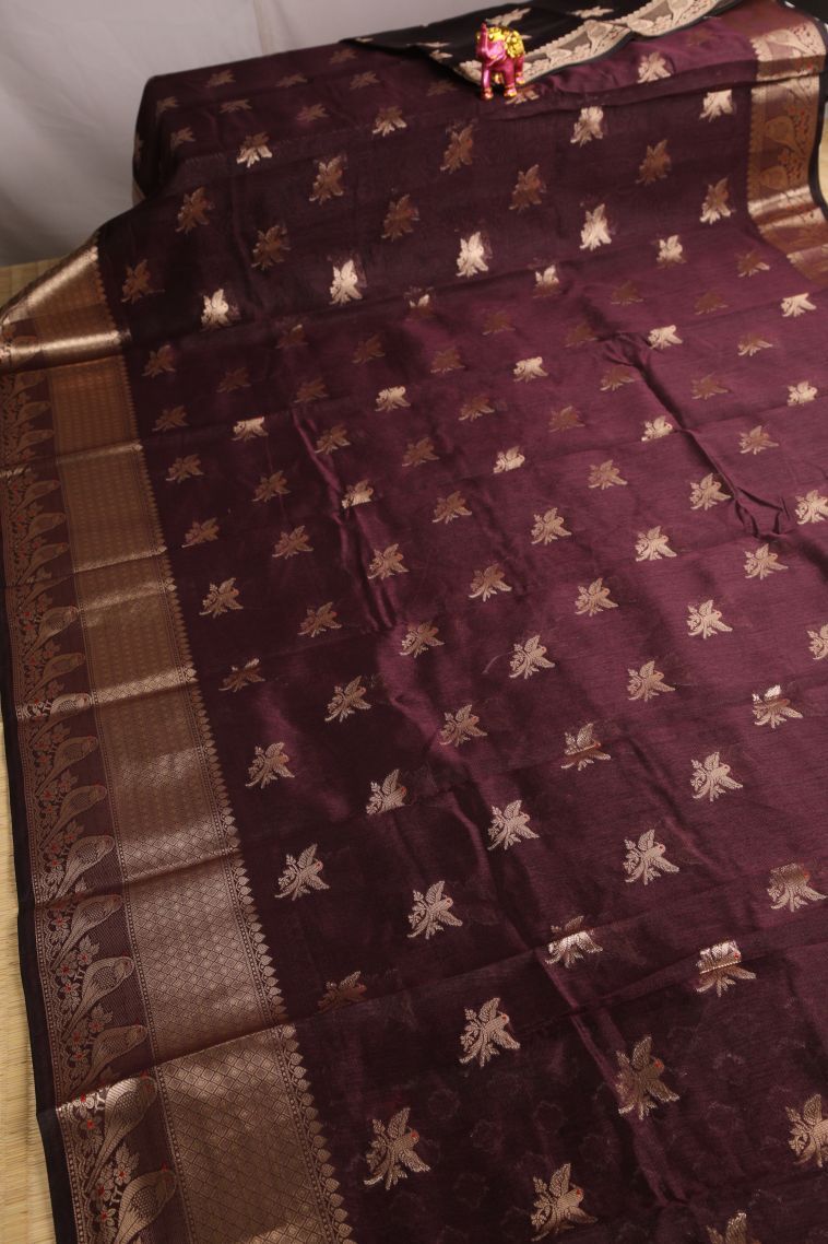 Sangria Purple Banaras Sarees with Gold Zari Birds Mottif view 2