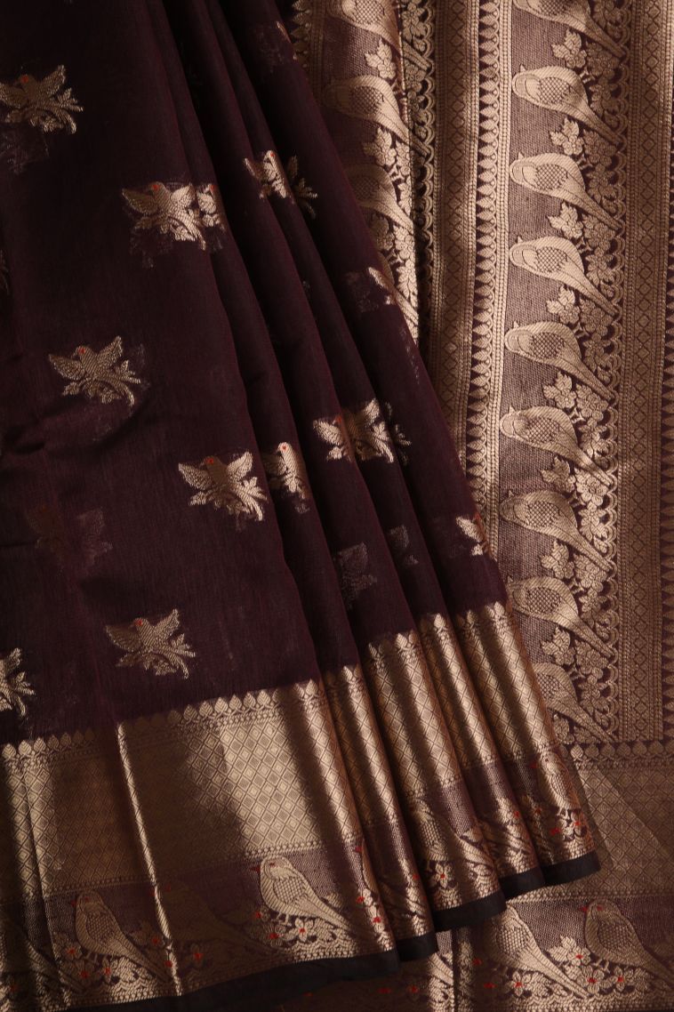 Sangria Purple Banaras Sarees with Gold Zari Birds Mottif view 1