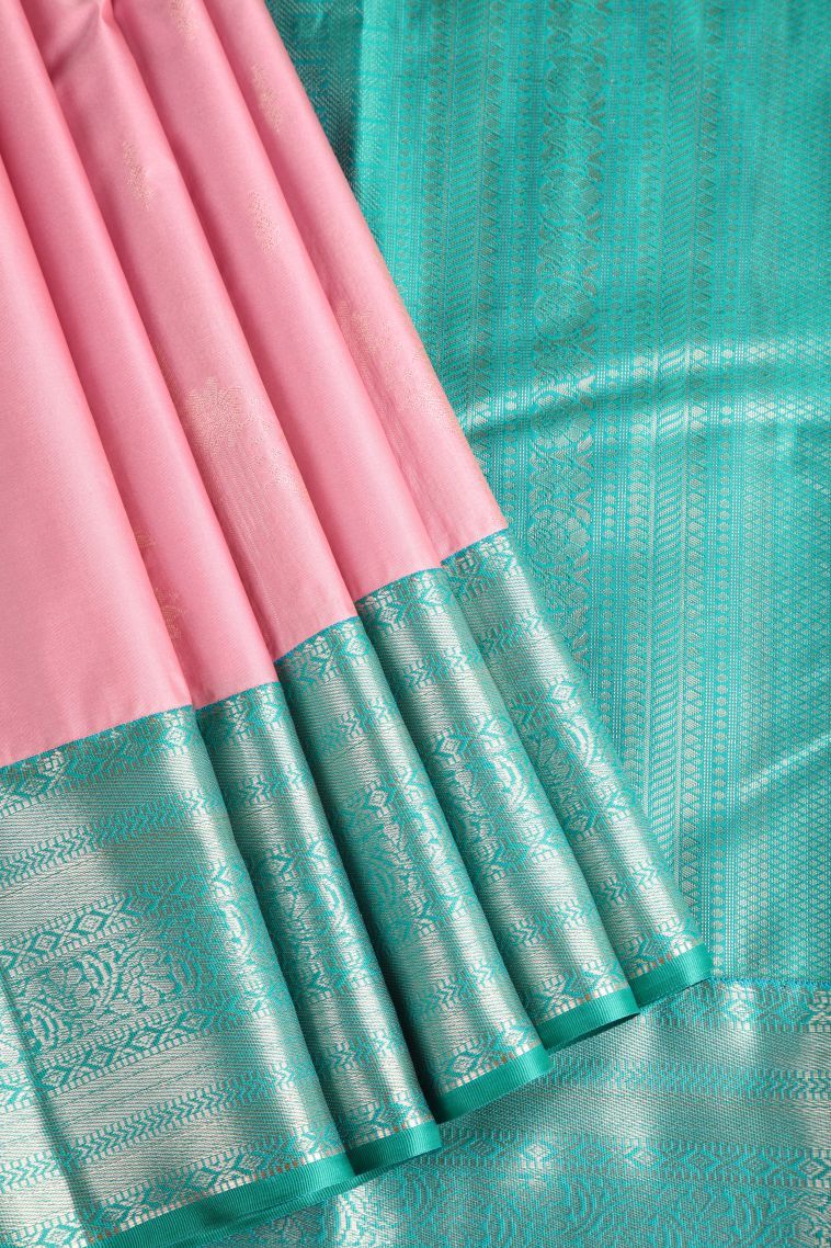 Lemonade Pink Apoorva Silk Sarees with Copper Zari Floral Puttas view 1