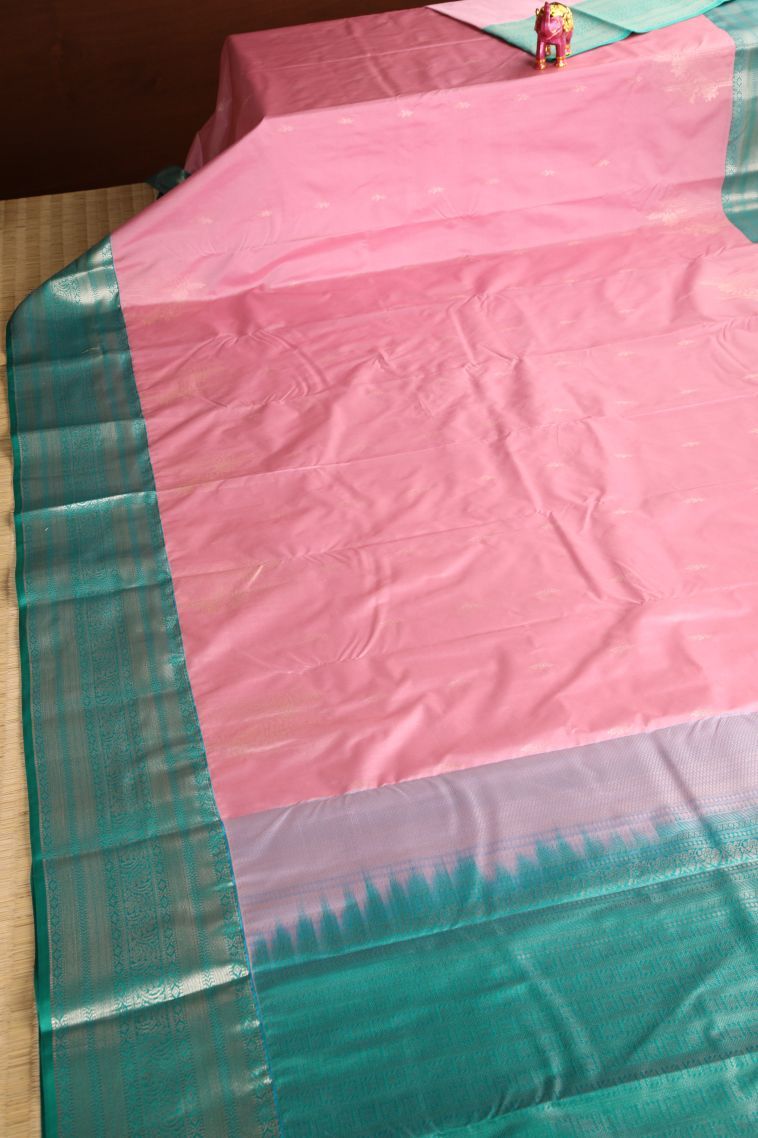 Lemonade Pink Apoorva Silk Sarees with Copper Zari Floral Puttas view 2