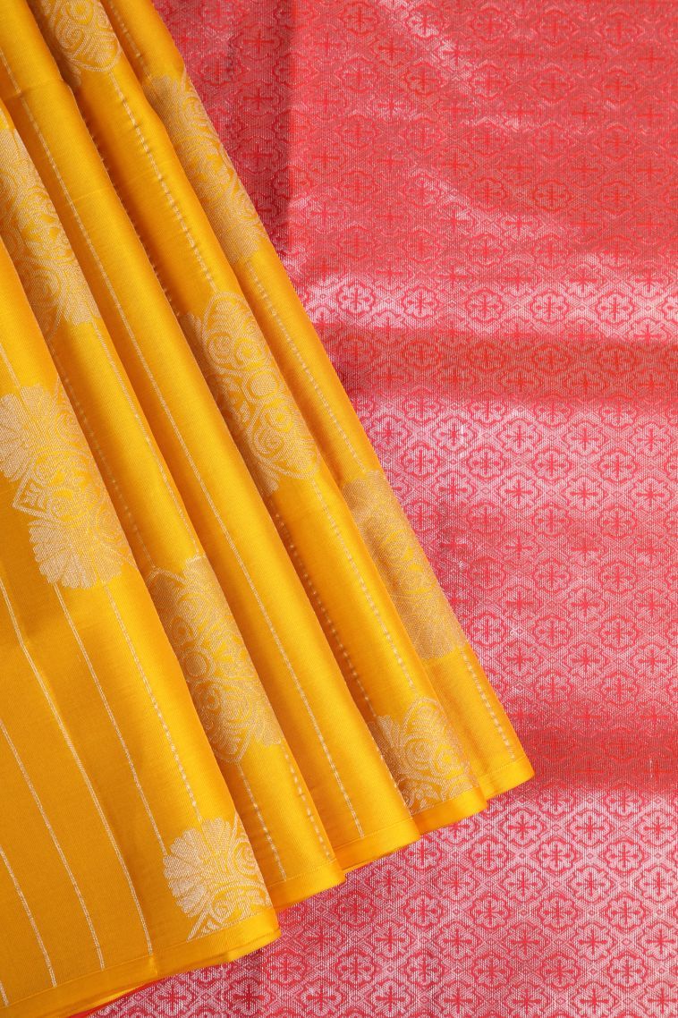 Lemon Yellow Soft Silk Saree with Copper Zari Floral Puttas view 1