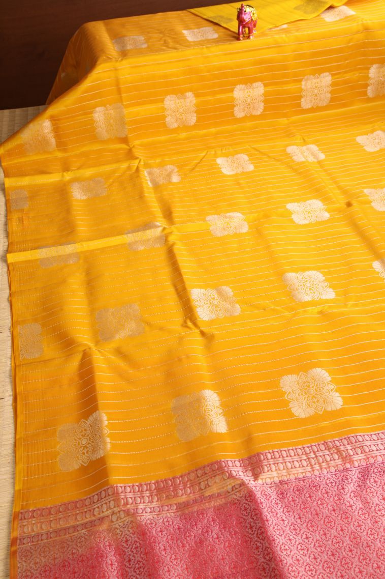 Lemon Yellow Soft Silk Saree with Copper Zari Floral Puttas view 2