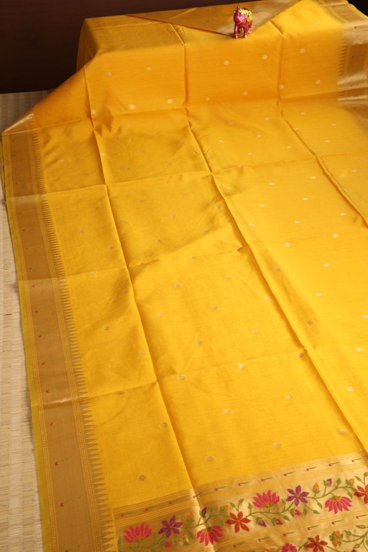 Merigold Orange Banaras Sarees with Gold Zari Buttis (small Dots Or Motifs) view 2