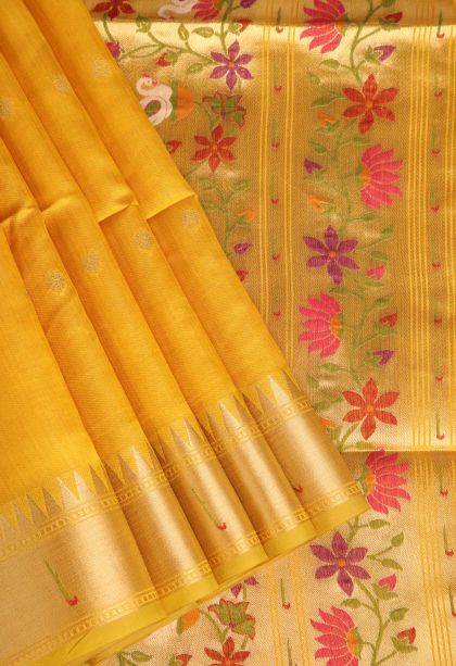 Merigold Orange Banaras Sarees with Gold Zari Buttis (small Dots Or Motifs)