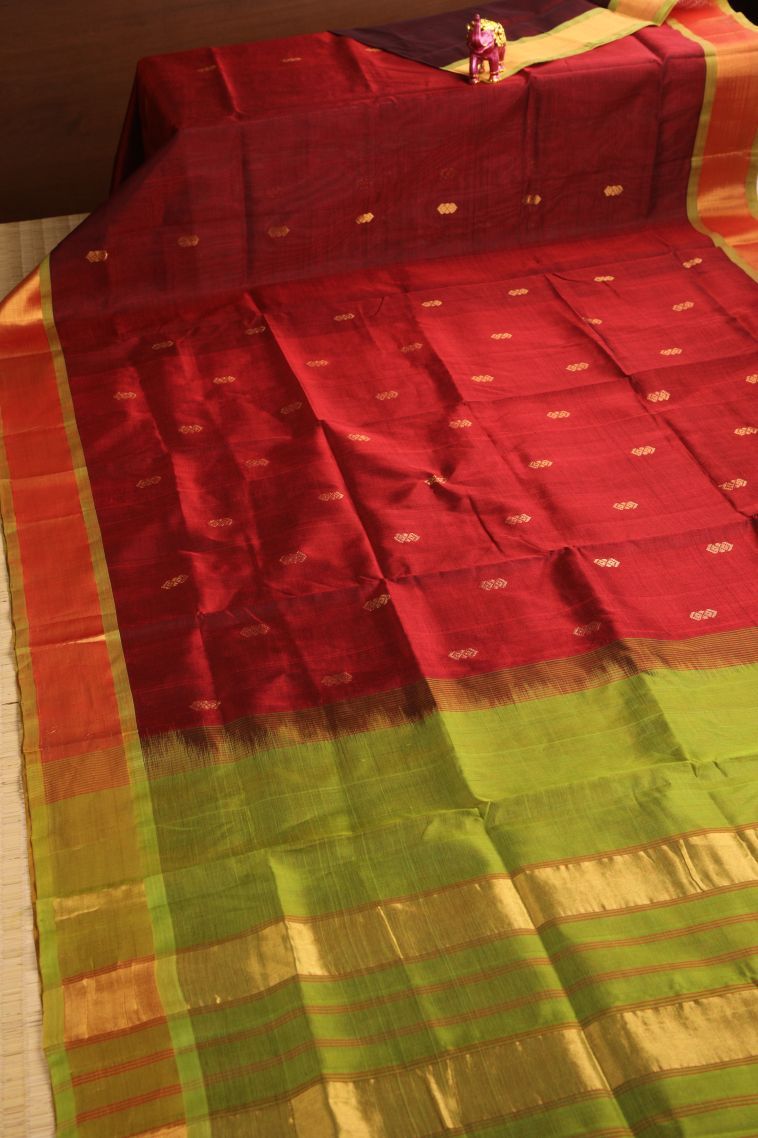 Apple Red Silk Cotton with Gold Zari Buttis (small Dots Or Motifs) view 2