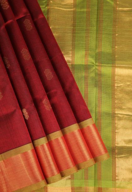 Apple Red Silk Cotton with Gold Zari Buttis (small Dots Or Motifs)