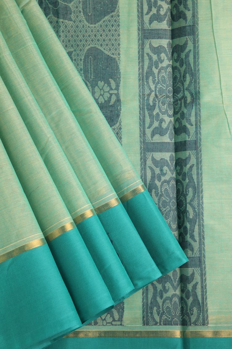 Mint Green Chettinad Cotton Sarees with Without Zari Zari Floral Puttas view 1