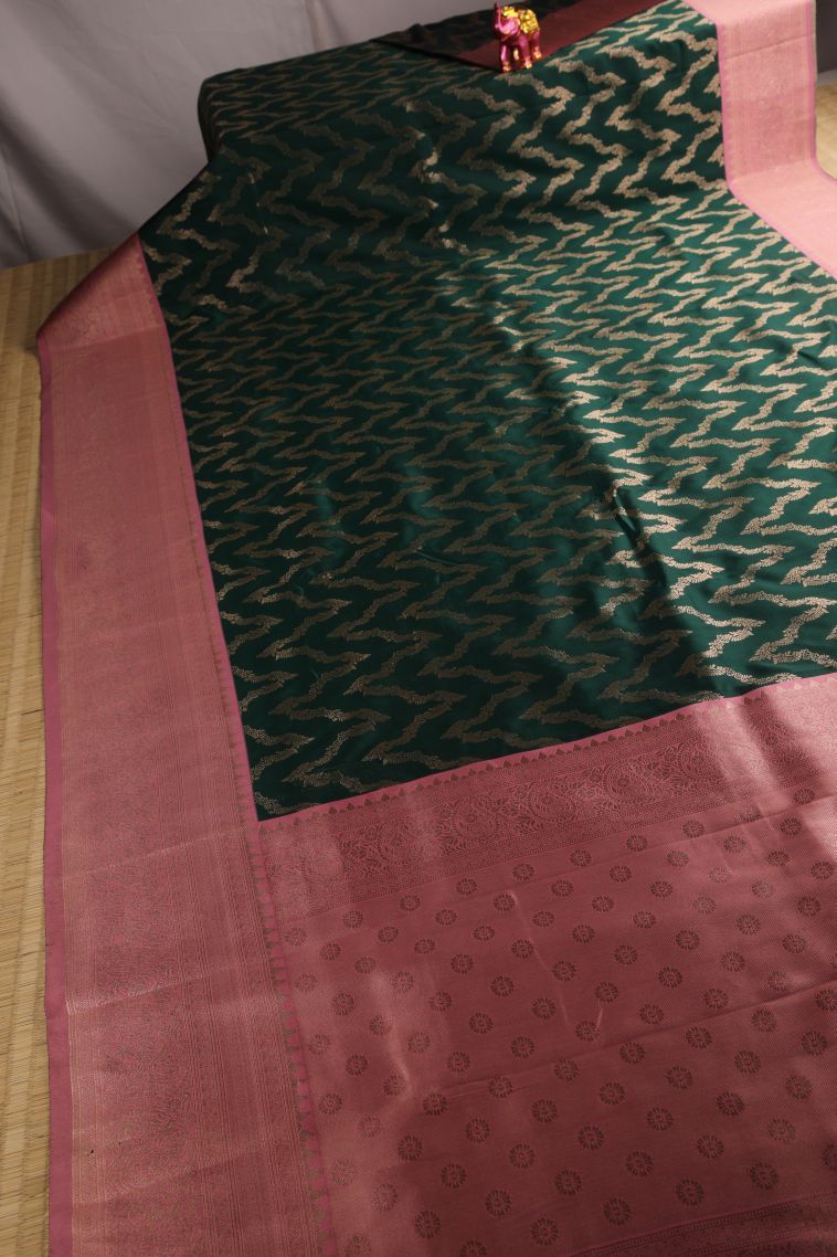 Bottle Green Apoorva Silk Sarees with Gold Zari Kodi Pattern view 2