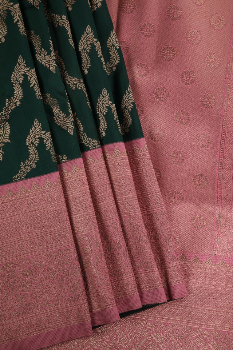 Bottle Green Apoorva Silk Sarees with Gold Zari Kodi Pattern view 1