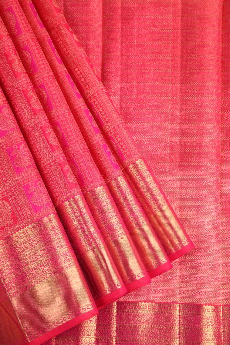 Mahome Red Kanchipuram Silk Sarees with Gold Zari Peacock Motifs view 1