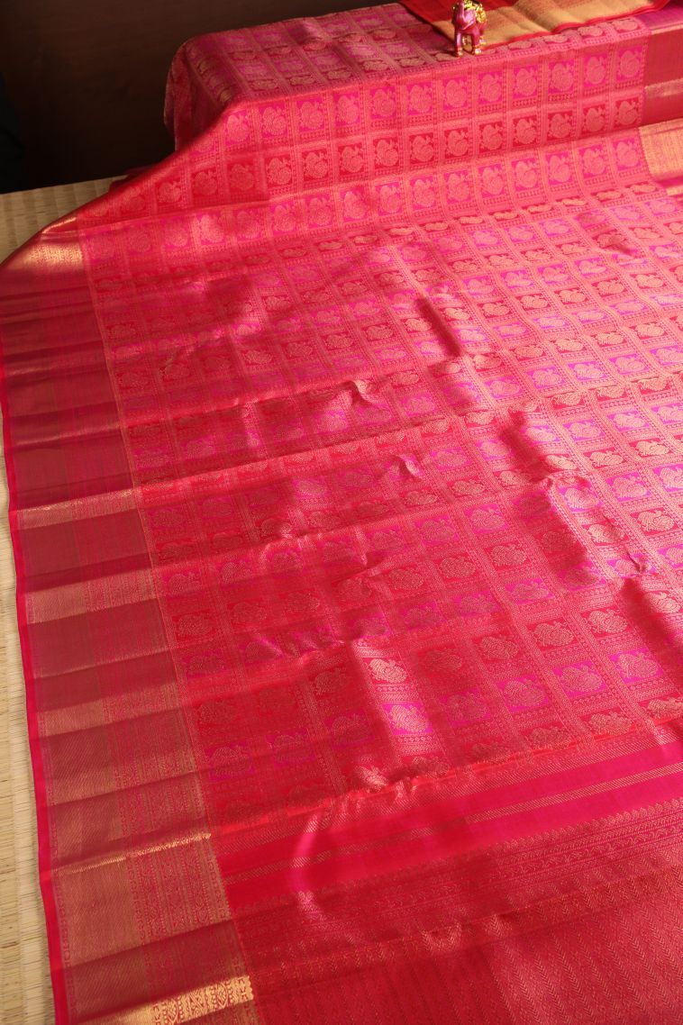 Mahome Red Kanchipuram Silk Sarees with Gold Zari Peacock Motifs view 2