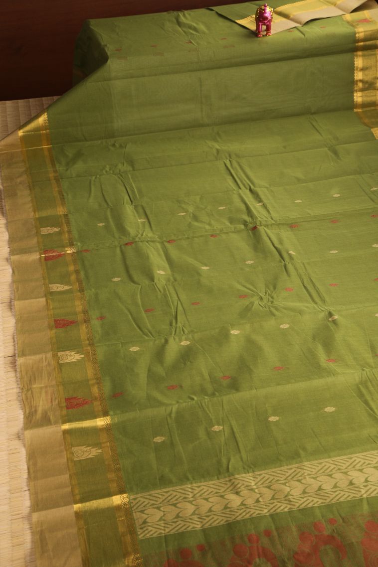 Basil Green Chettinad Cotton Sarees with Gold Zari Buttis (small Dots Or Motifs) view 2