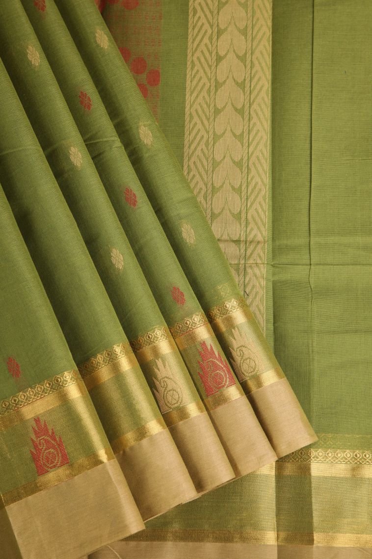 Basil Green Chettinad Cotton Sarees with Gold Zari Buttis (small Dots Or Motifs) view 1