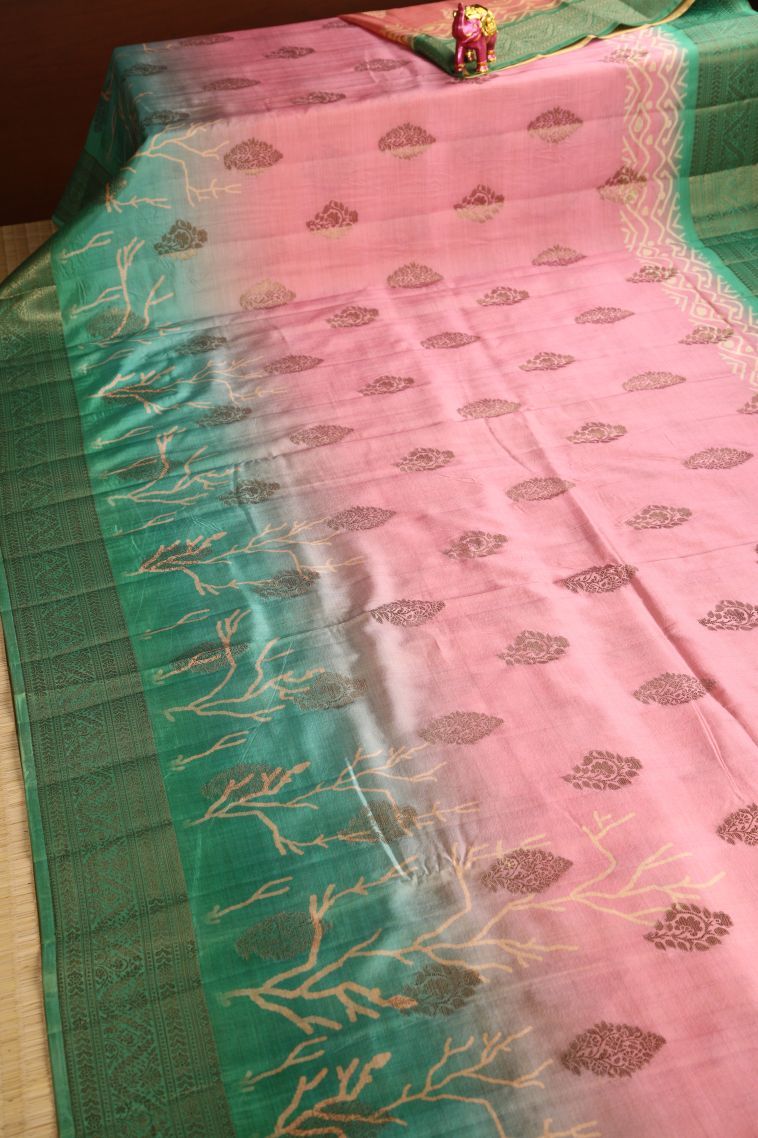 Rose Pink Tussar Saree with Antic Zari Thilagam Puttas view 2