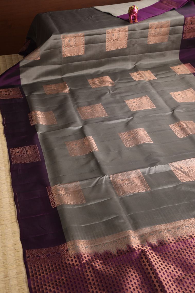Gray Black Soft Silk Saree with Copper Zari Geometric Shapes view 2