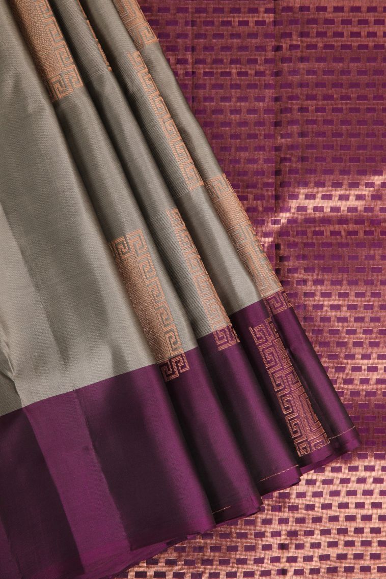 Gray Black Soft Silk Saree with Copper Zari Geometric Shapes view 1