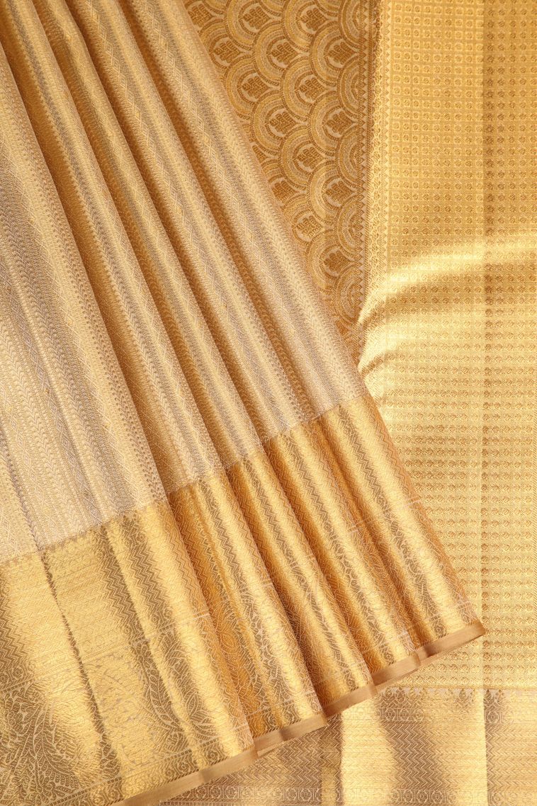 Gold Kanchipuram Silk Sarees with Gold Zari Floral Patterns view 1