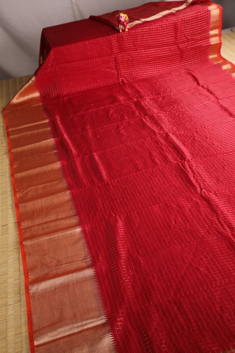 Crimson Red Fancy Saree with Gold Zari Checks view 2