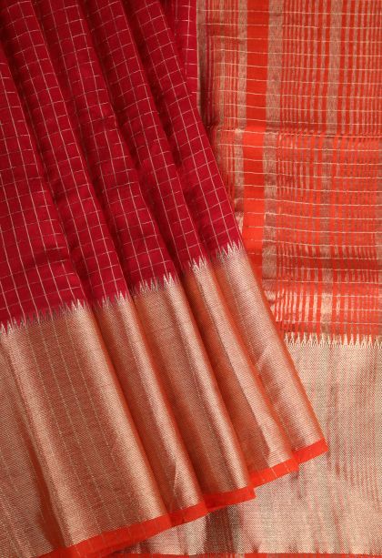 Crimson Red Fancy Saree with Gold Zari Checks