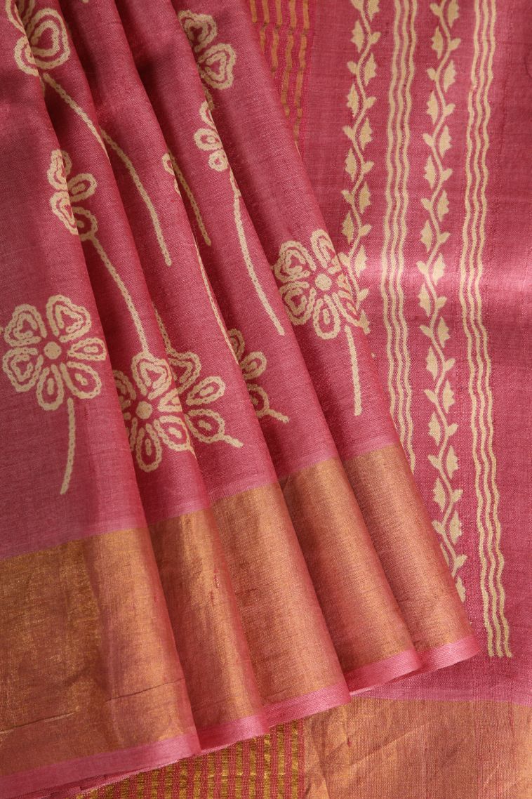 Rose Pink Tussar Saree with Gold Zari Floral Patterns view 1