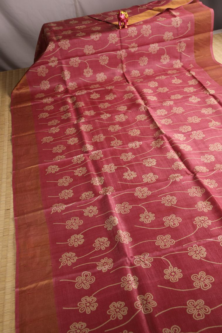 Rose Pink Tussar Saree with Gold Zari Floral Patterns view 2