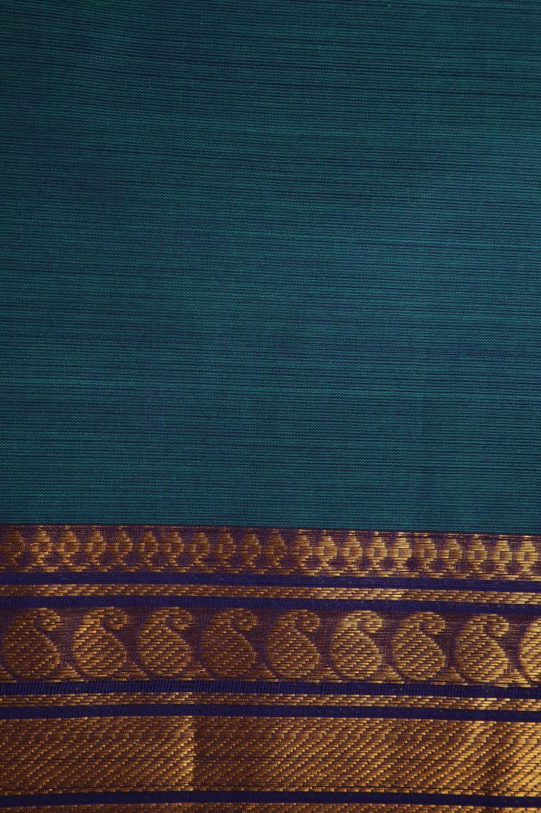 Ocean Blue Chettinad Cotton Sarees with Gold Zari Plain view 3