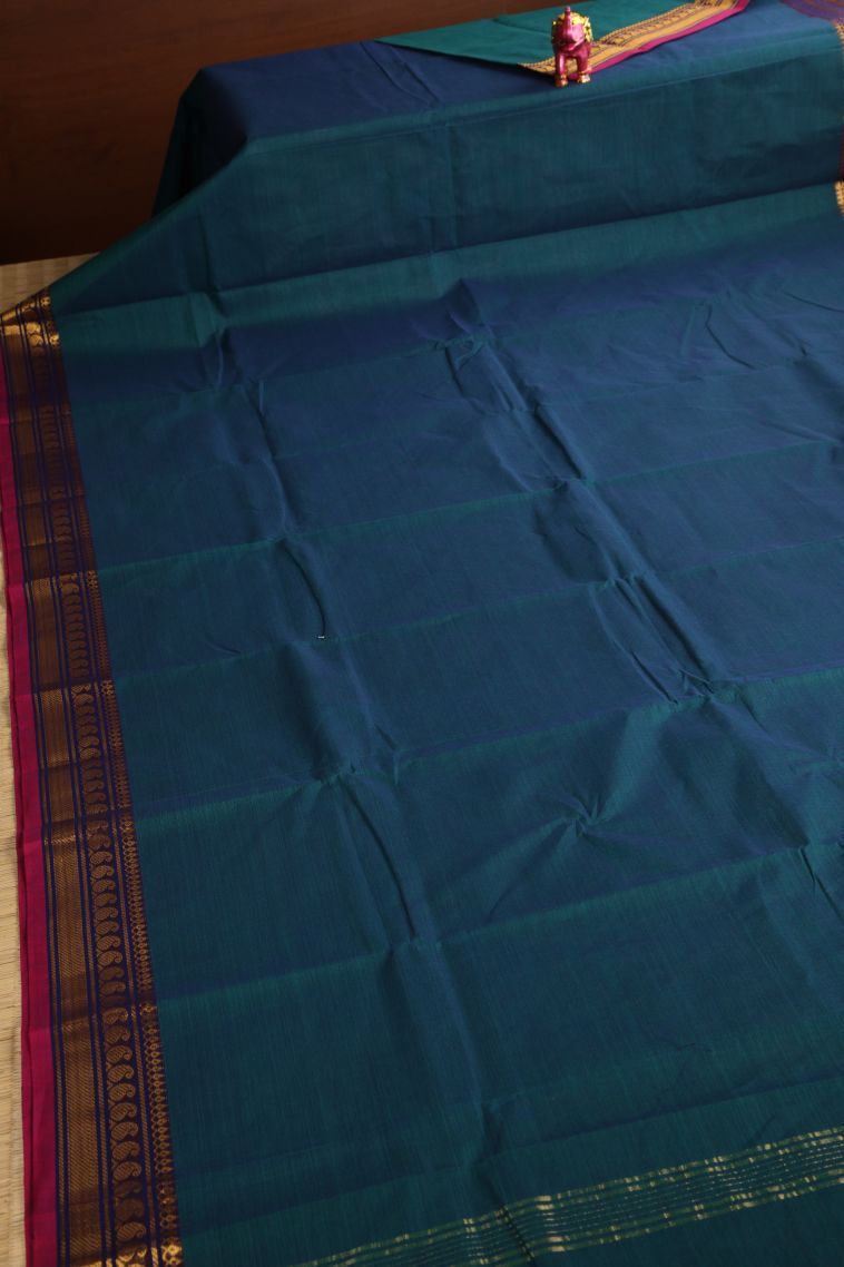 Ocean Blue Chettinad Cotton Sarees with Gold Zari Plain view 2