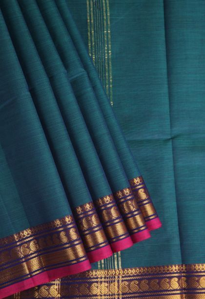 Ocean Blue Chettinad Cotton Sarees with Gold Zari Plain