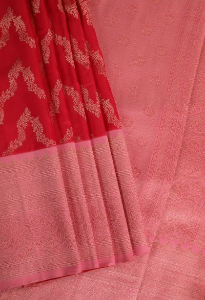 Candy Red Apoorva Silk Sarees with Gold Zari Kodi Pattern