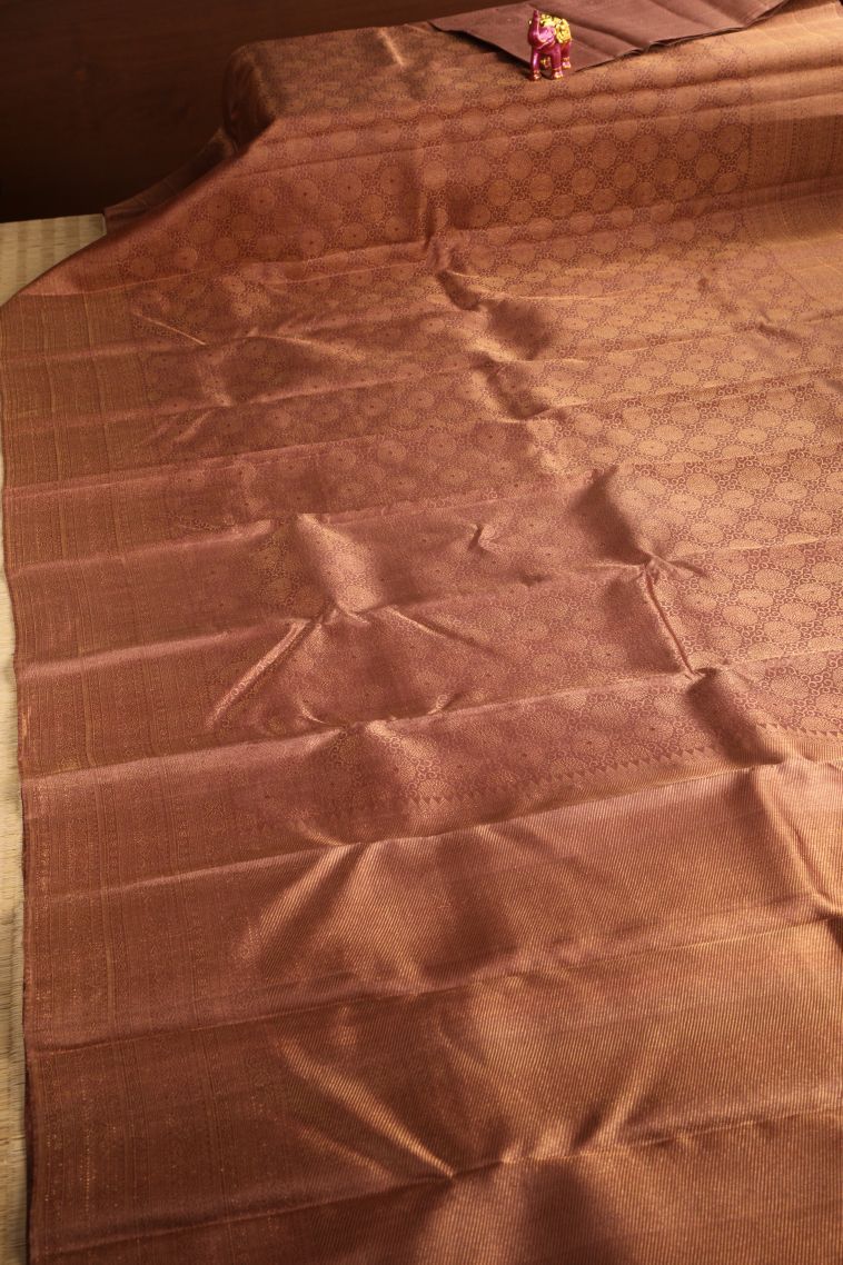 Tawny Brown Kanchipuram Silk Sarees with Gold Zari Floral Patterns view 2