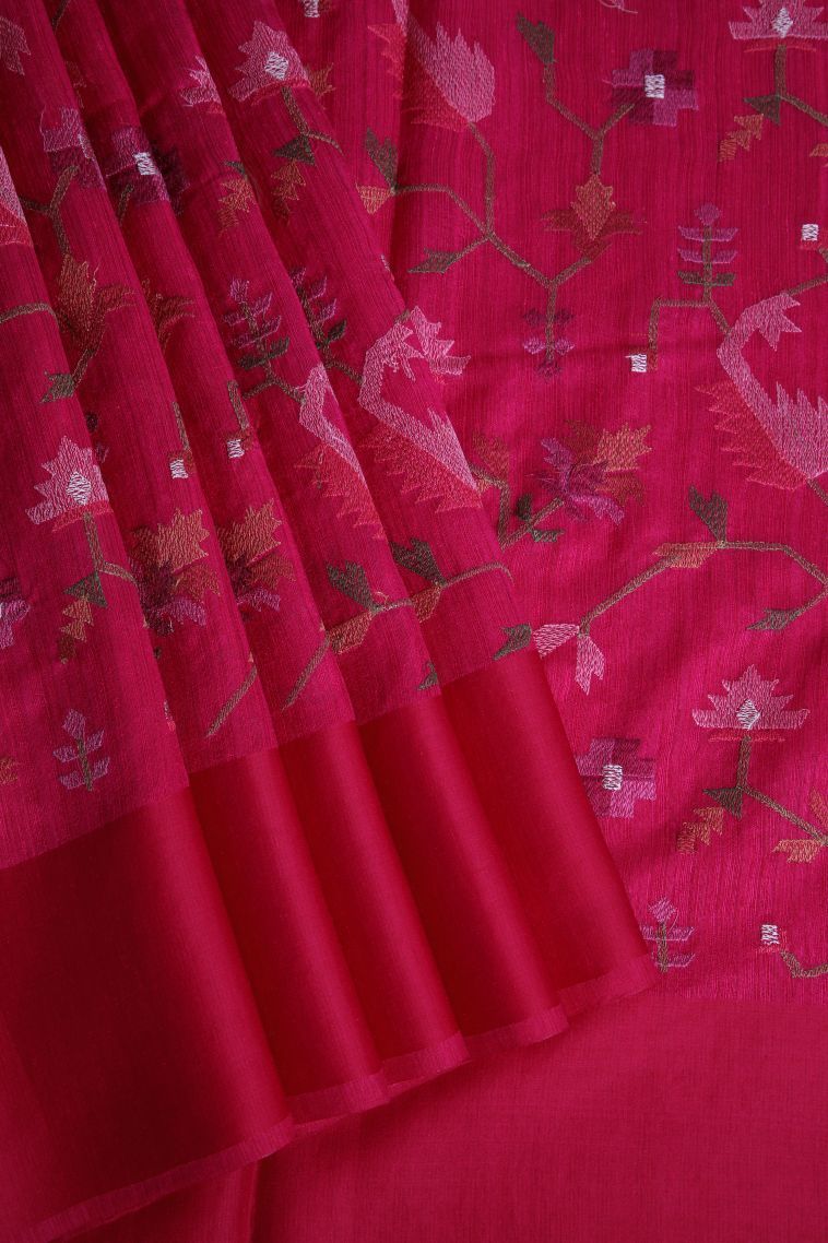 Rose  Red Jute Sarees with Without Zari Zari Floral Patterns view 1
