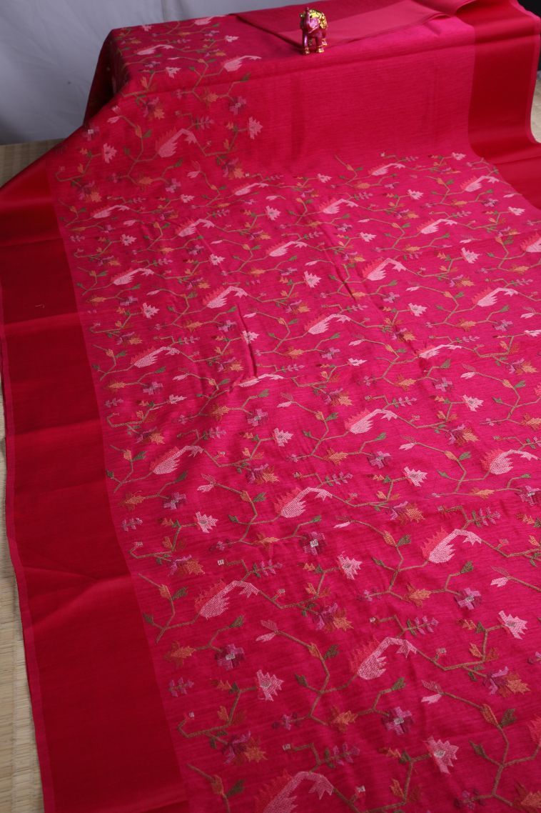 Rose  Red Jute Sarees with Without Zari Zari Floral Patterns view 2