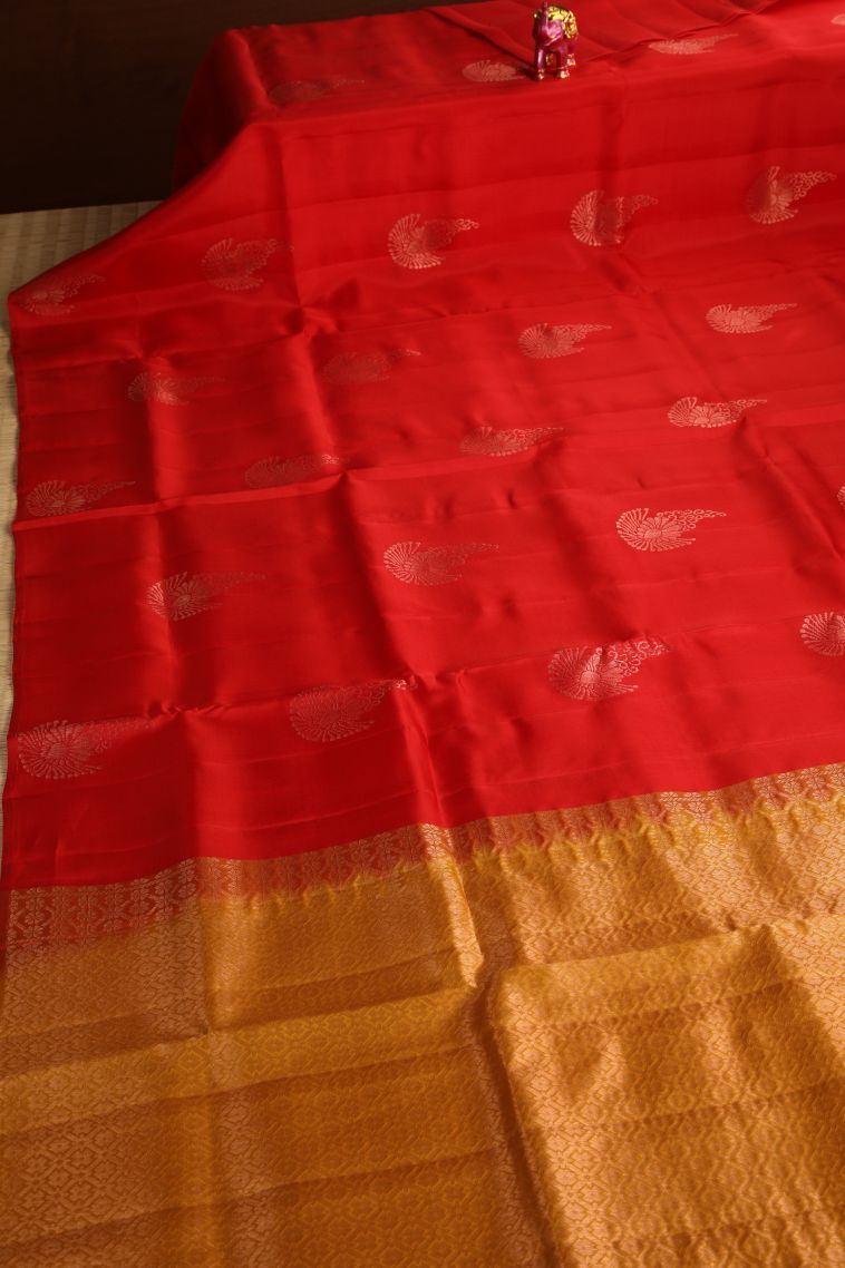 Rose  Red Soft Silk Saree with Copper Zari Floral Patterns view 2