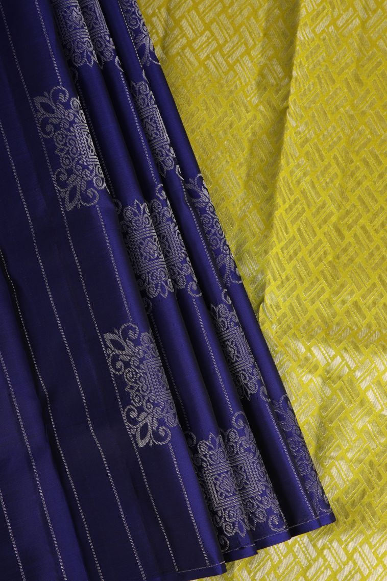 Berry Blue Soft Silk Saree with Silver Zari Floral Puttas view 1