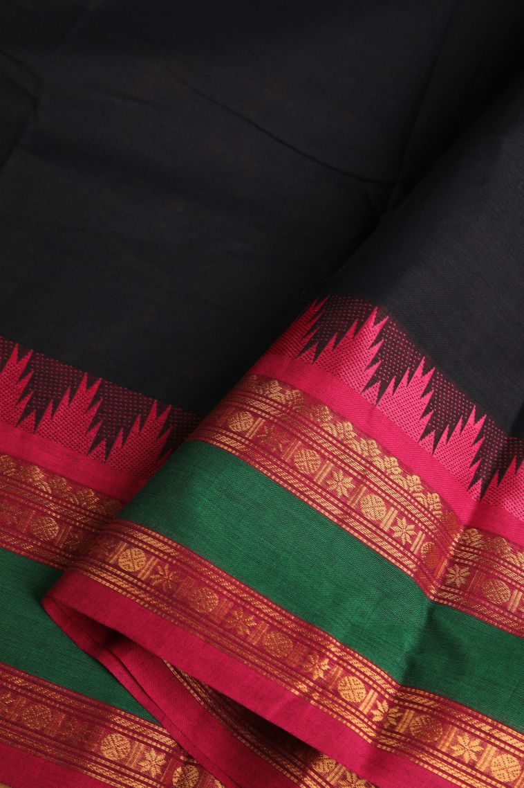 Asphalt Black Chettinad Cotton Sarees with Gold Zari Plain view 4