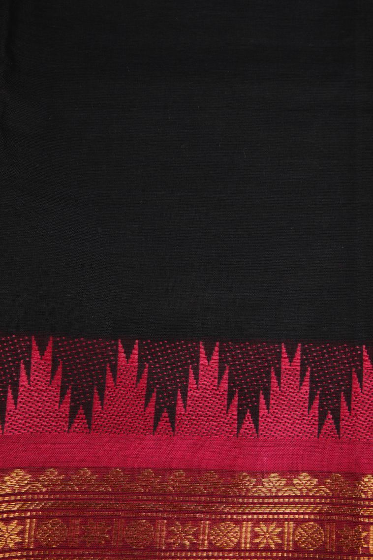 Asphalt Black Chettinad Cotton Sarees with Gold Zari Plain view 3