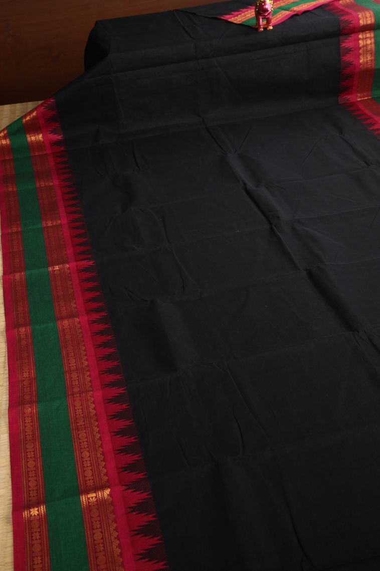 Asphalt Black Chettinad Cotton Sarees with Gold Zari Plain view 2