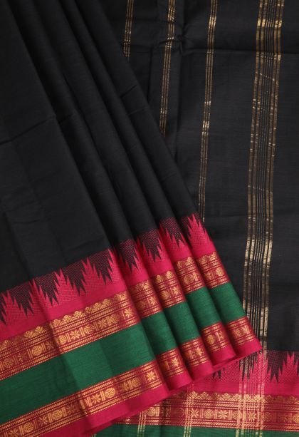 Asphalt Black Chettinad Cotton Sarees with Gold Zari Plain